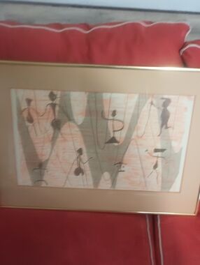 Framed Abstract Tribal Dance Art Print in Peach and Olive